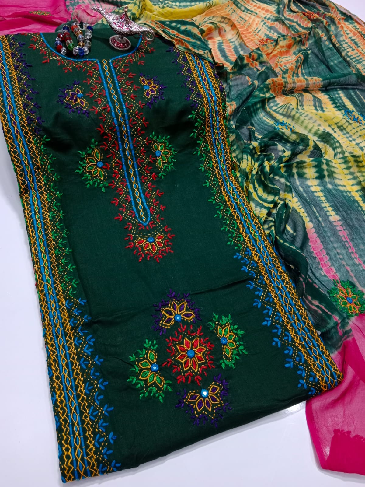 Afghani Mirror Shisha 3PC Suit – Lawn with Chiffon Dupatta | Hand Work (32 colour)