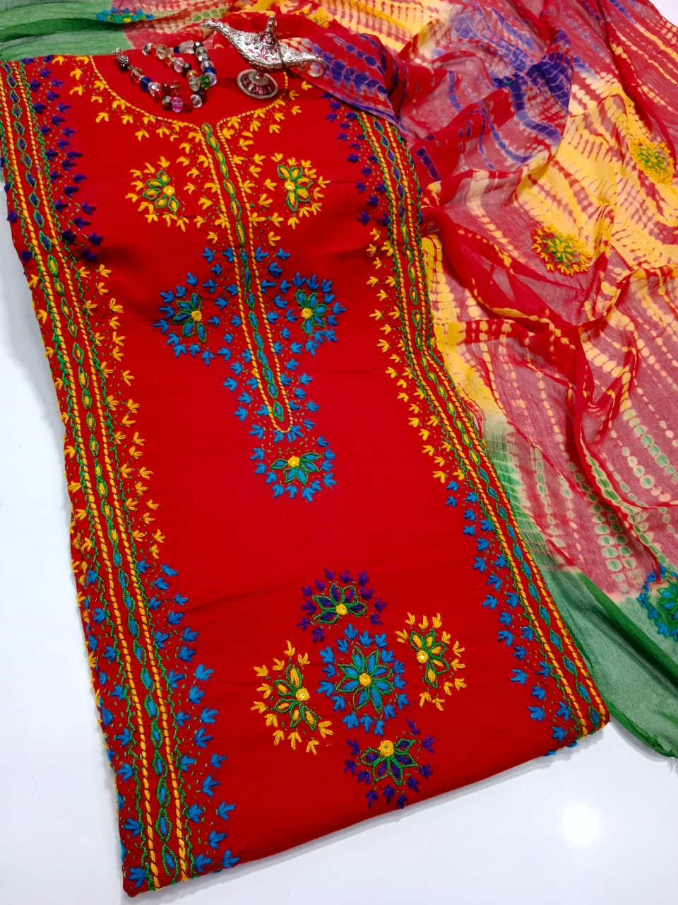 Afghani Mirror Shisha 3PC Suit – Lawn with Chiffon Dupatta | Hand Work (32 colour)