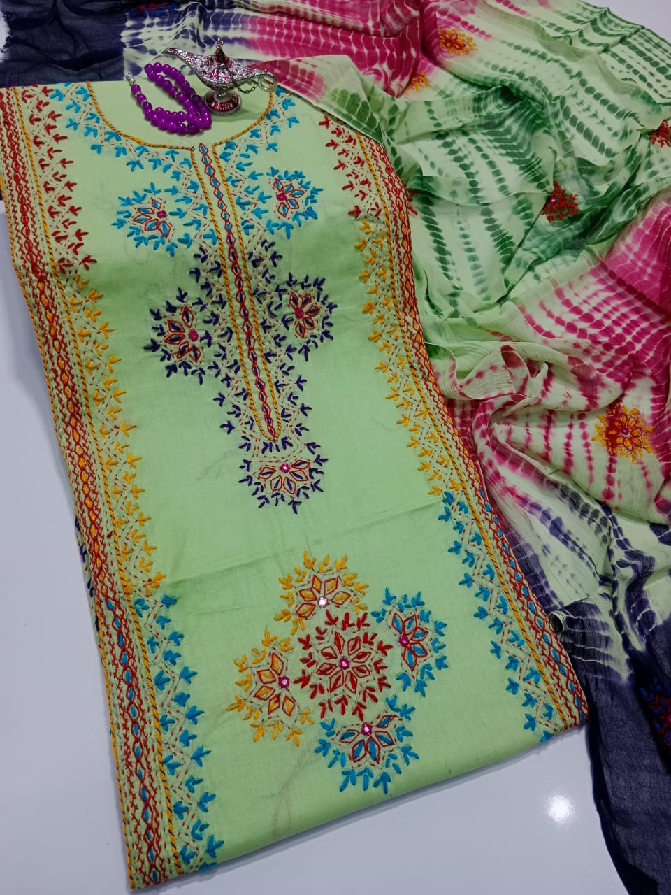 Afghani Mirror Shisha 3PC Suit – Lawn with Chiffon Dupatta | Hand Work (32 colour)