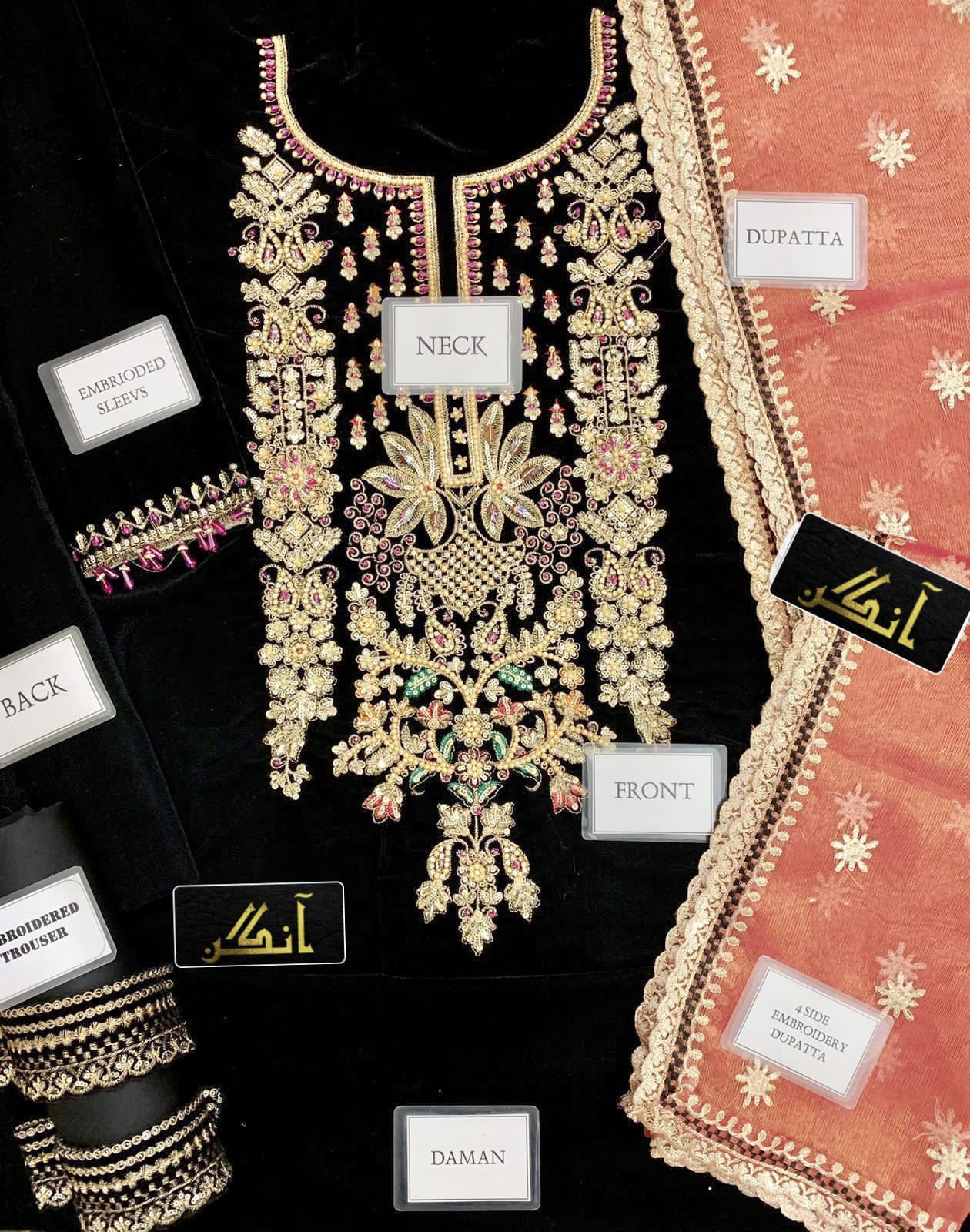 ✨ Velvet Hand Embellished Luxury Unstitched 3PC – Masoori Dupatta | Premium Collection
