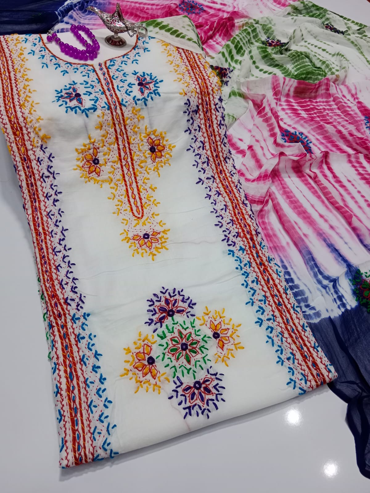 Afghani Mirror Shisha 3PC unstitch Suit – Lawn with Chiffon Dupatta | Hand Work