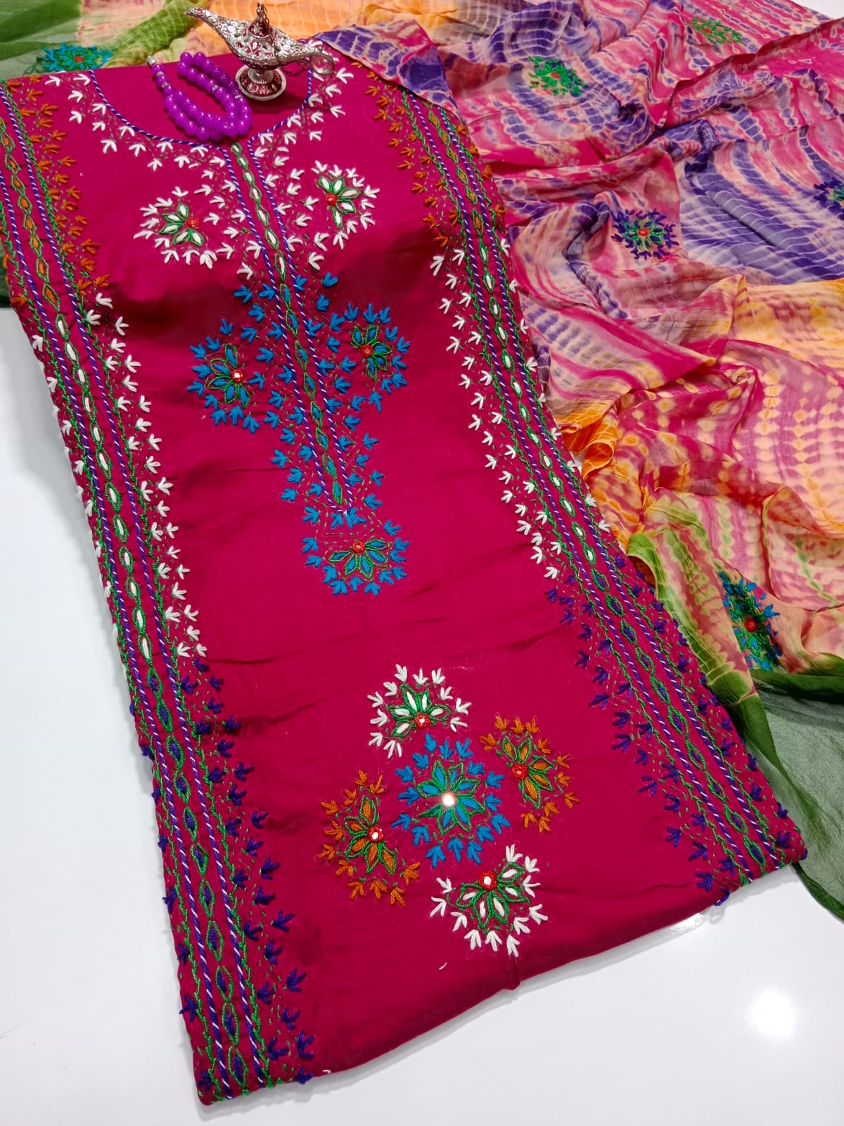 Afghani Mirror Shisha 3PC unstitch Suit – Lawn with Chiffon Dupatta | Hand Work