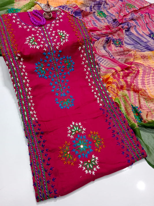 Afghani Mirror Shisha 3PC unstitch Suit – Lawn with Chiffon Dupatta | Hand Work