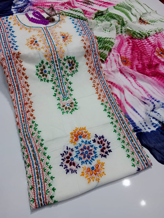 Afghani Mirror Shisha 3PC unstitch Suit – Lawn with Chiffon Dupatta | Hand Work