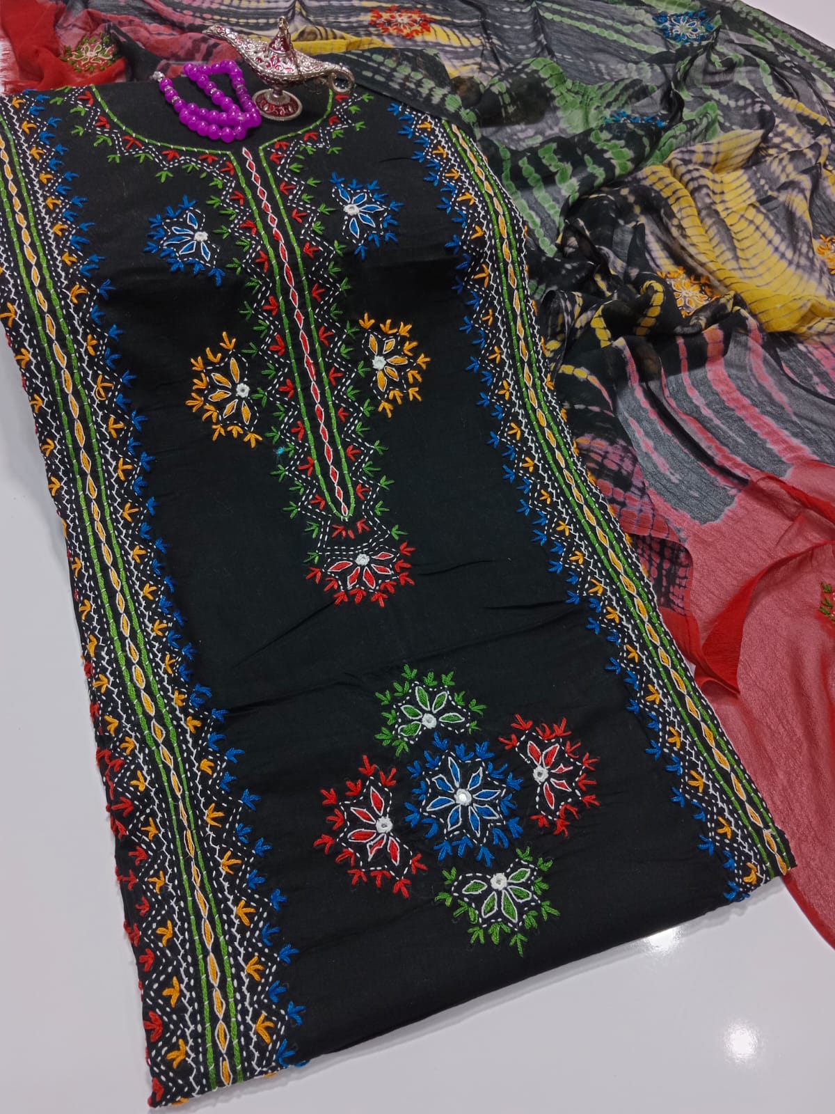 Afghani Mirror Shisha 3PC Suit – Lawn with Chiffon Dupatta | Hand Work (32 colour)