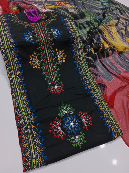 Afghani Mirror Shisha 3PC unstitch Suit – Lawn with Chiffon Dupatta | Hand Work