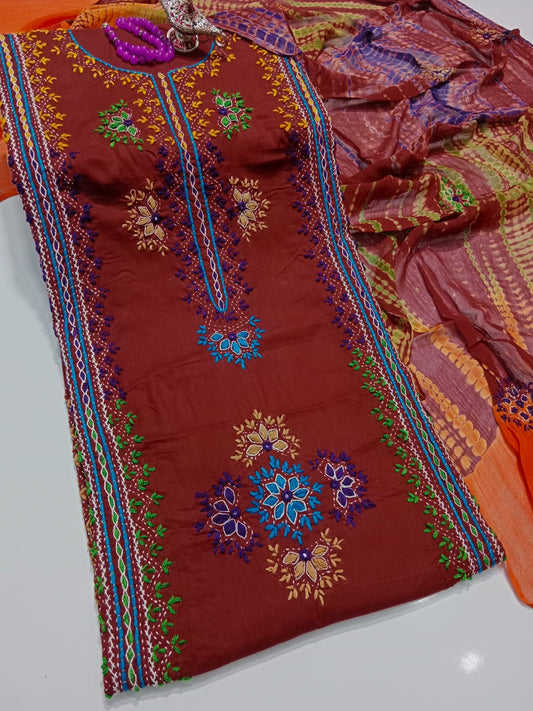 Afghani Mirror Shisha 3PC unstitch Suit – Lawn with Chiffon Dupatta | Hand Work