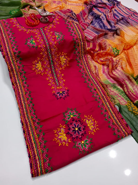 Afghani Mirror Shisha 3PC unstitch Suit – Lawn with Chiffon Dupatta | Hand Work