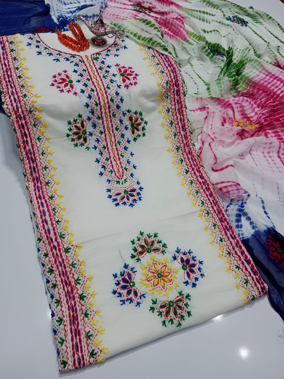 Afghani Mirror Shisha 3PC Suit – Lawn with Chiffon Dupatta | Hand Work (32 colour)