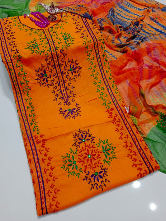 Afghani Mirror Shisha 3PC unstitch Suit – Lawn with Chiffon Dupatta | Hand Work