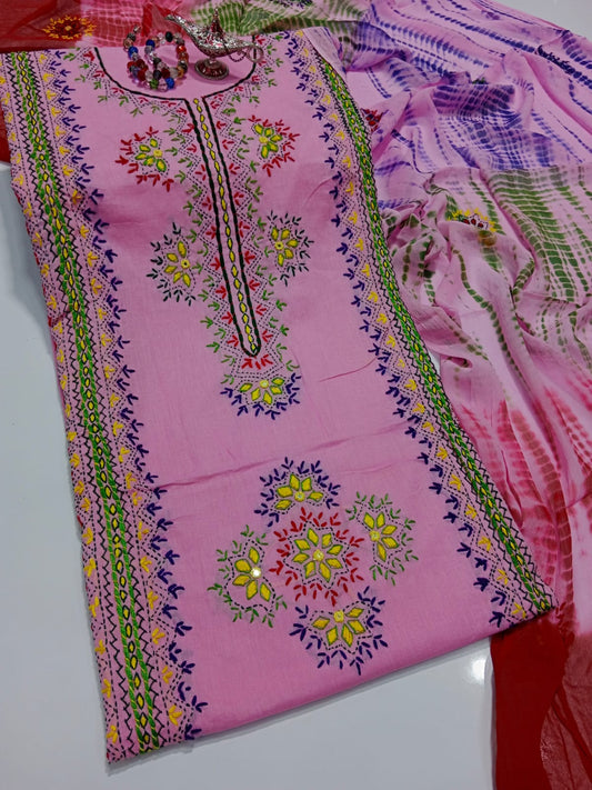 Afghani Mirror Shisha 3PC unstitch Suit – Lawn with Chiffon Dupatta | Hand Work