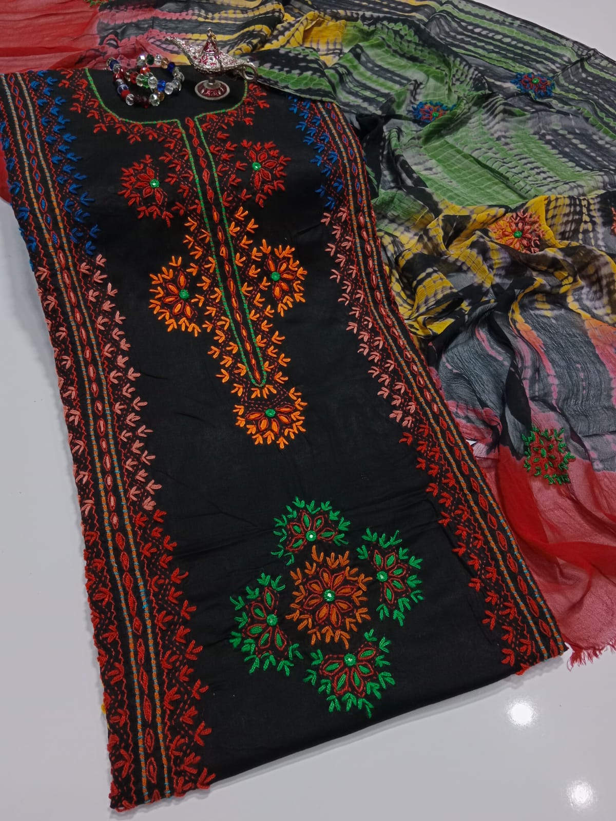 Afghani Mirror Shisha 3PC Suit – Lawn with Chiffon Dupatta | Hand Work (32 colour)