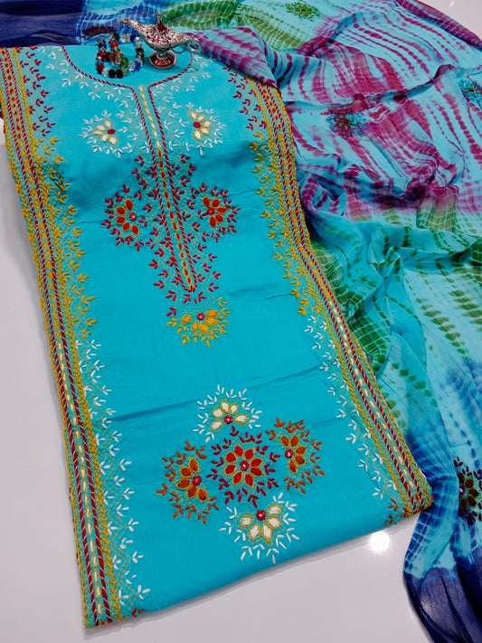 Afghani Mirror Shisha 3PC unstitch Suit – Lawn with Chiffon Dupatta | Hand Work