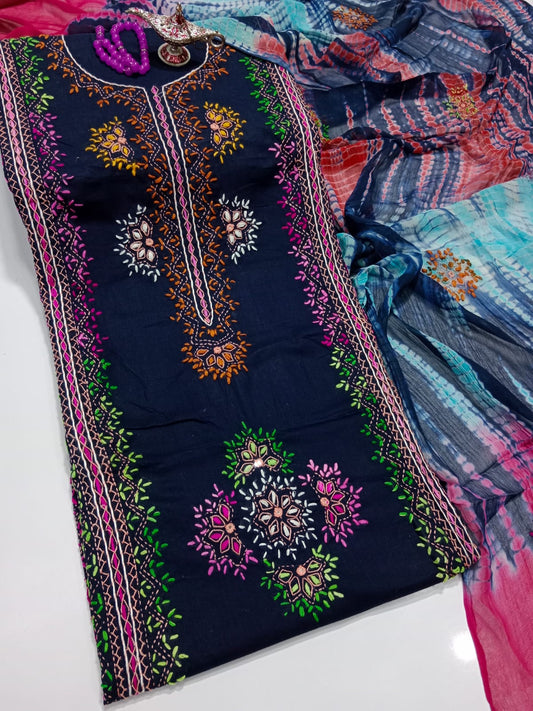 Afghani Mirror Shisha 3PC unstitch Suit – Lawn with Chiffon Dupatta | Hand Work