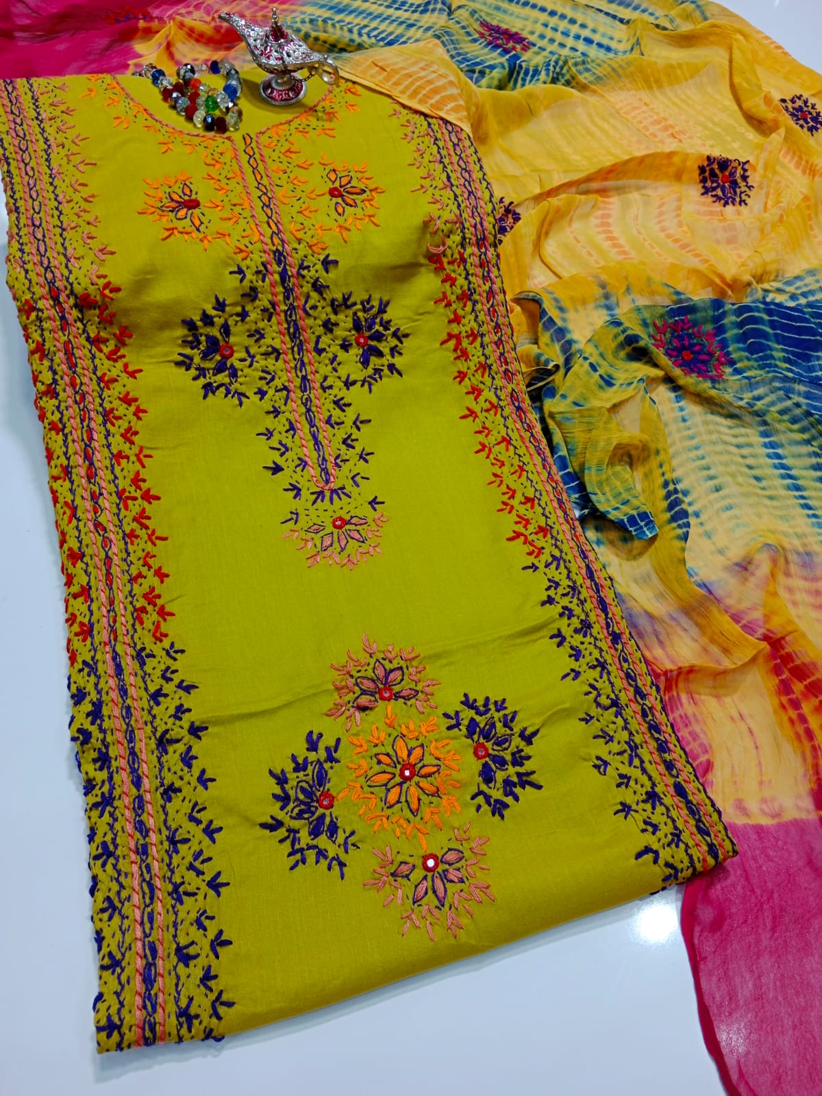 Afghani Mirror Shisha 3PC Suit – Lawn with Chiffon Dupatta | Hand Work (32 colour)