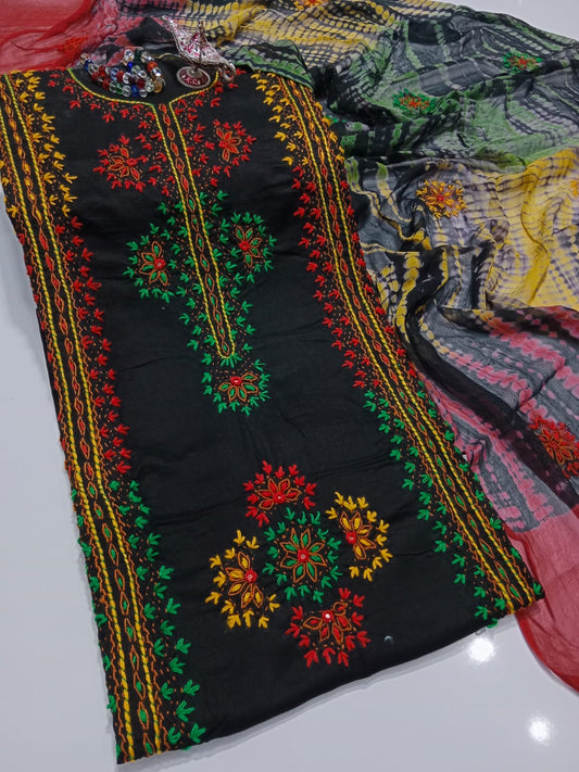 Afghani Mirror Shisha 3PC unstitch Suit – Lawn with Chiffon Dupatta | Hand Work