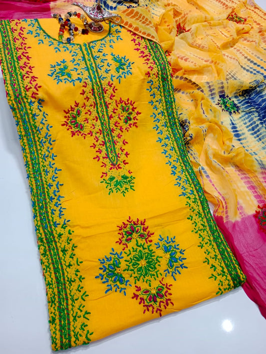 Afghani Mirror Shisha 3PC unstitch Suit – Lawn with Chiffon Dupatta | Hand Work