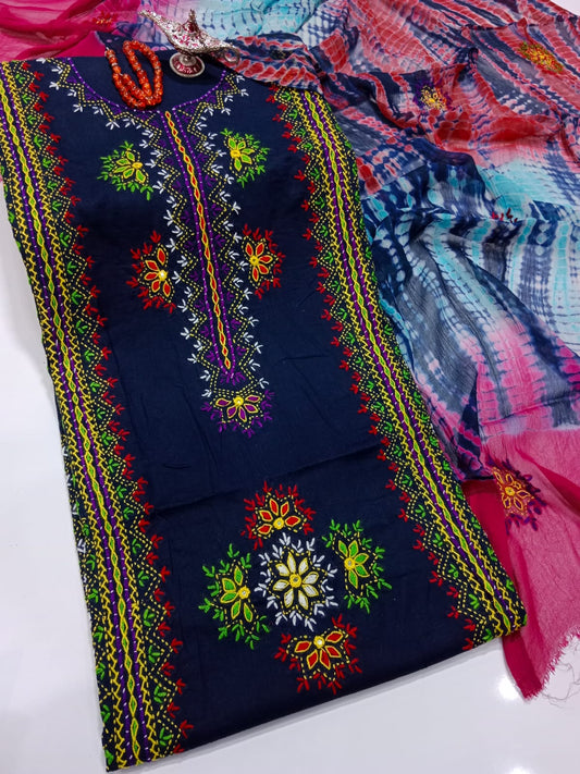 Afghani Mirror Shisha 3PC Suit – Lawn with Chiffon Dupatta | Hand Work (32 colour)