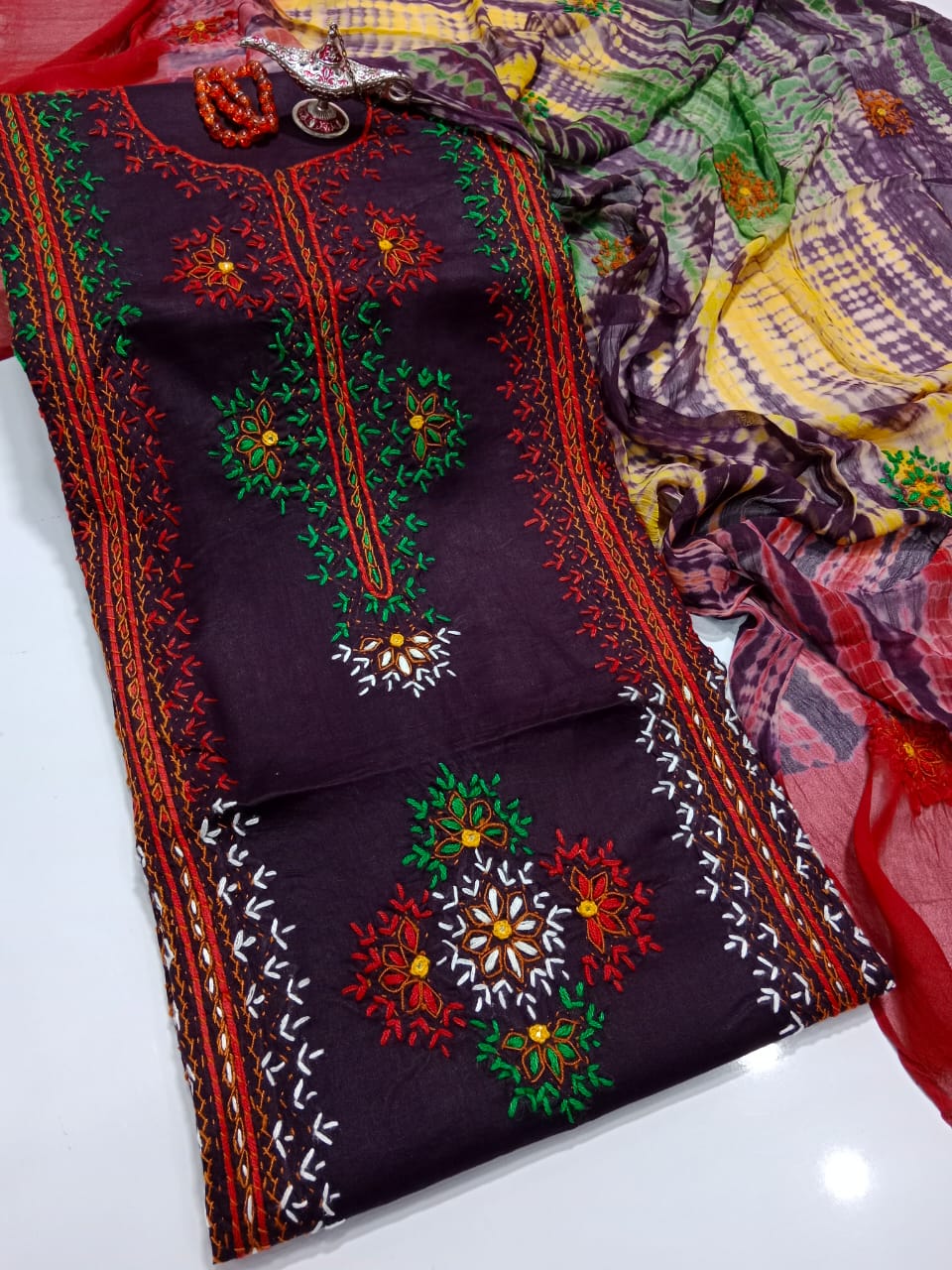 Afghani Mirror Shisha 3PC Suit – Lawn with Chiffon Dupatta | Hand Work (32 colour)