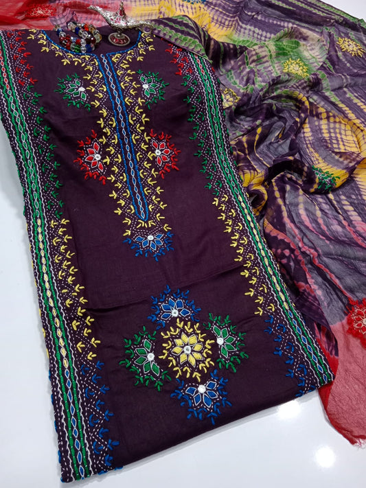 Afghani Mirror Shisha 3PC unstitch Suit – Lawn with Chiffon Dupatta | Hand Work