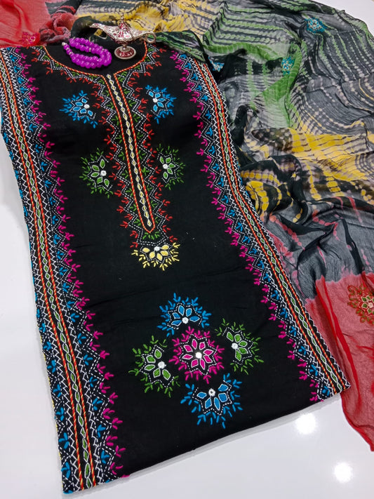 Afghani Mirror Shisha 3PC unstitch Suit – Lawn with Chiffon Dupatta | Hand Work