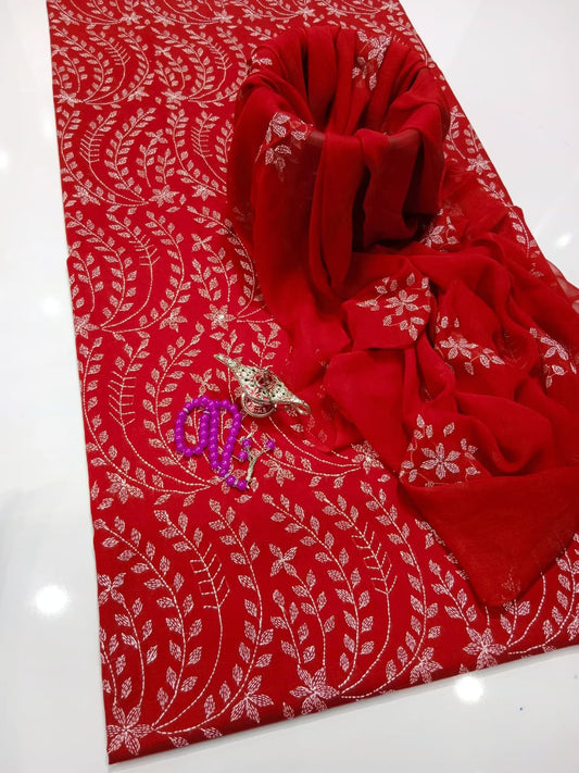 Summer Collection – Lawn 3Pc Suit with Kacha Work & Chiffon Dupatta