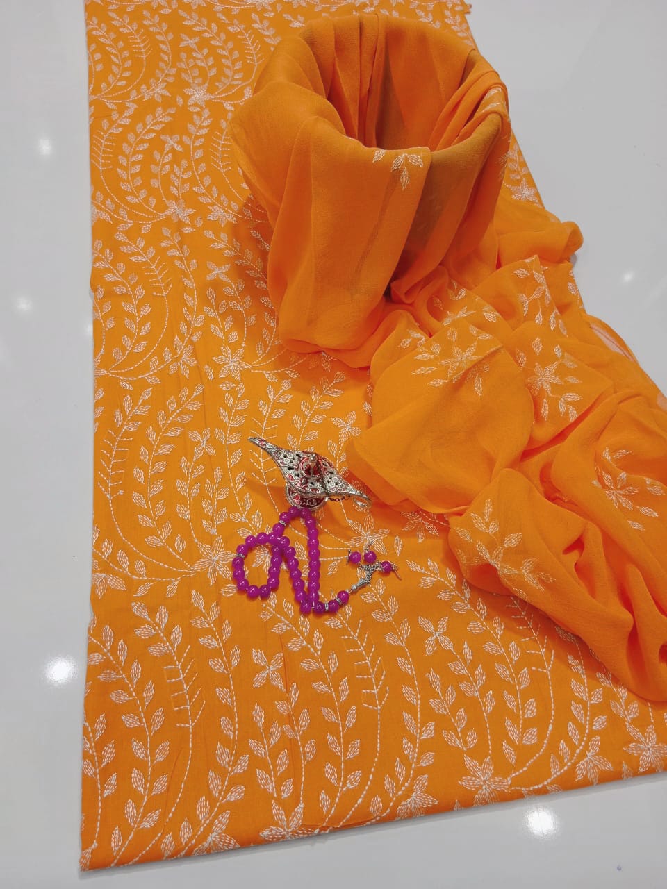 Summer Collection – Lawn 3Pc Suit with Kacha Work & Chiffon Dupatta