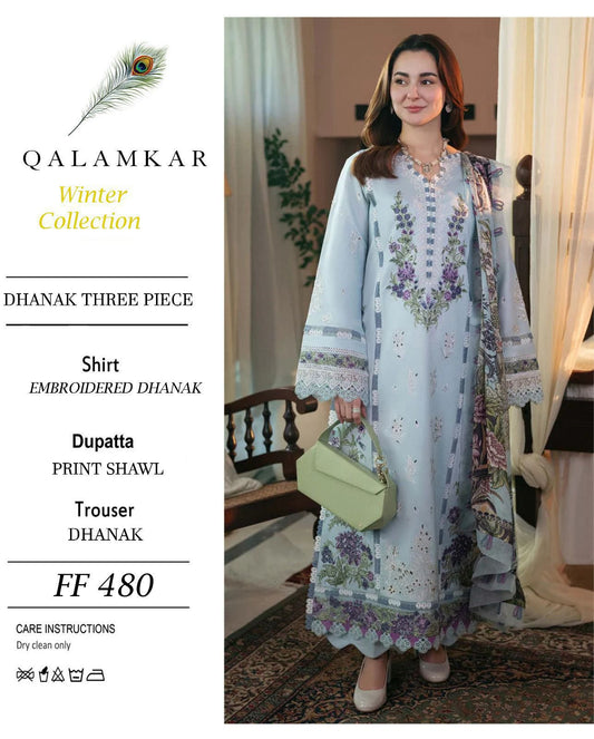 ✨ Labasée Haya – Qalamkar Premium Dhanak 3PC | Heavy Embroidery with Digital Wool Shawl ✨