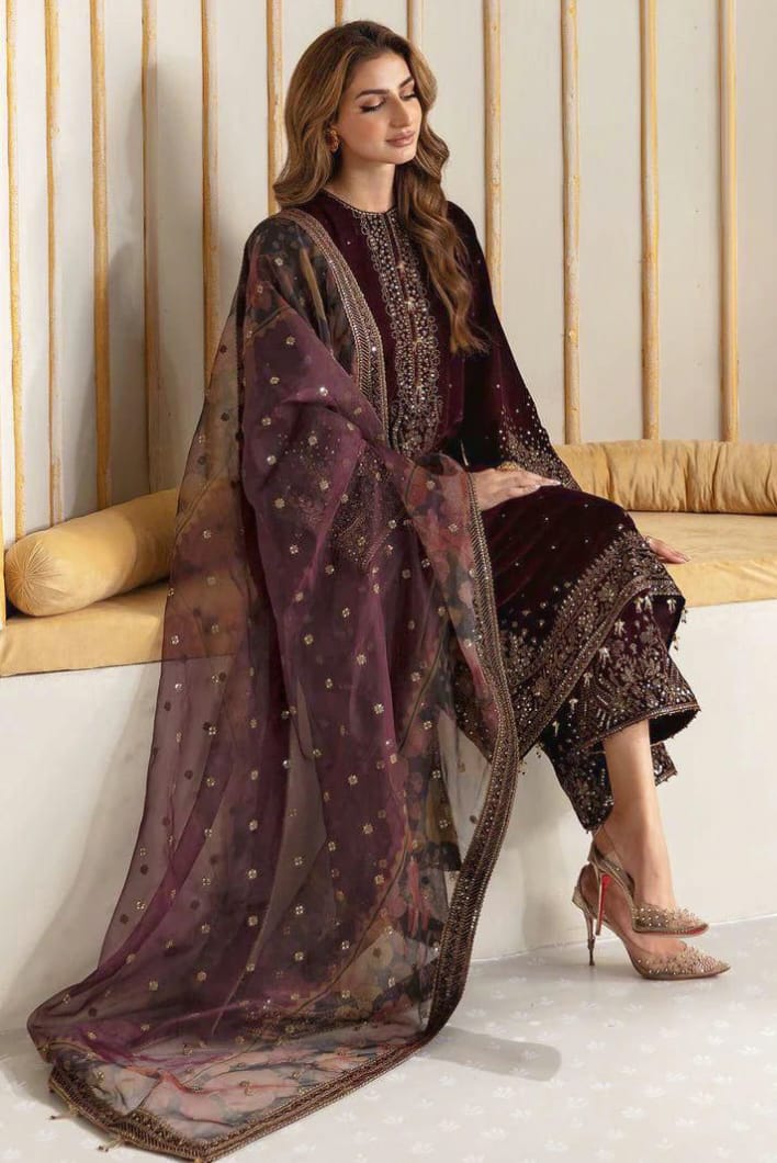 ✨ JAZMIN Velvet Embroidered Luxury Unstitched 3PC – Organza Dupatta | Premium Collection