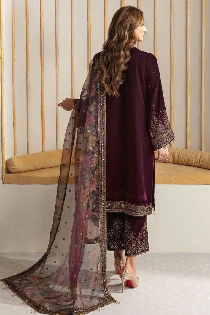 ✨ JAZMIN Velvet Embroidered Luxury Unstitched 3PC – Organza Dupatta | Premium Collection