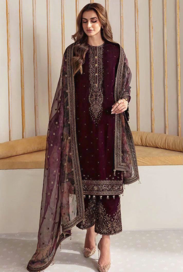 ✨ JAZMIN Velvet Embroidered Luxury Unstitched 3PC – Organza Dupatta | Premium Collection